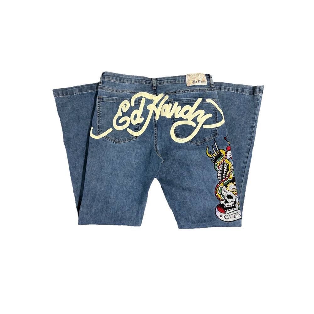 Ed Hardy Vintage Embroidered Flared Blue Denim Jeans 32x32